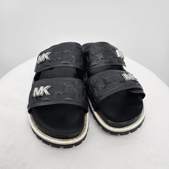 Michael Kors MK Logo Double Strap Slide Sandals Black 6M | Chunky Sole - Picture 3 of 7